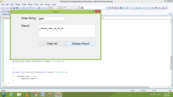 WindowsFormsApplication2 (Running) - Microsoft Visual Studio File Edit View Project Build Debug Tools Test Window Help Any CP
