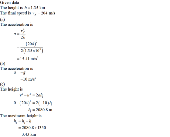 Given data The height is h-1.35 km The final speed is vr204 m/s The acceleration is 2h (204) 2(1.35 x10 15.41 m/s The acceleration is a-o --10 m/s2 The height is o- (204) -2(-10) h -2080.8 m The maximum height is 2080.8 +1350 - 3.43 km