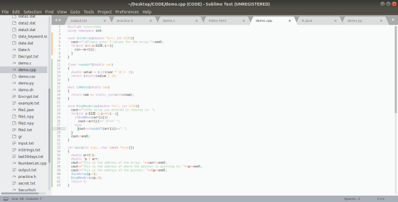 X X A.java X demo.py 1 } { } { -/Desktop/CODE/demo.cpp (CODE) - Sublime Text (UNREGISTERED) File Edit Selection Find View Got