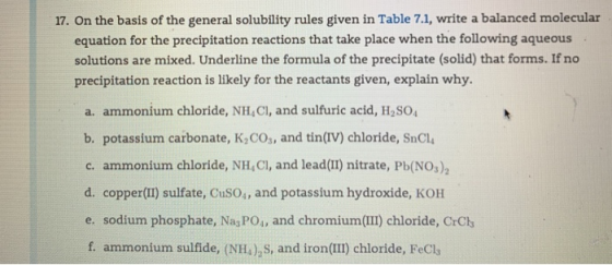 17. On the basis of the general solubility rules given in Table 7.1, write a balanced molecular equation for the precipitatio