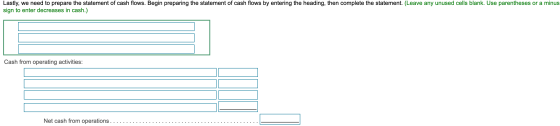 Lastly, we need to prepare the statement of cash flows. Begin preparing the statement of cash flows by entering the heading,