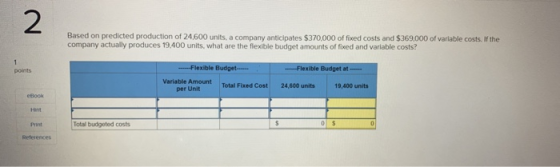 Based on predicted production of 24,600 units, a company anticipates $370,000 of fixed costs and $369,000 of variable costs.