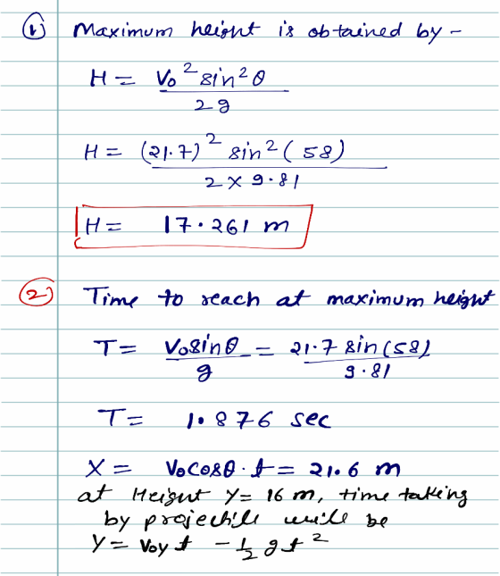 Maximum haismtis ob-tained by 2.2 H17.261 2Timy to acach at maximum heght T= 1.876 sec at ituSur y= 16 m, time to King