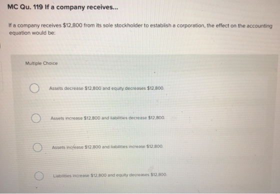 MC Qu. 119 If a company receives... If a company receives $12,800 from its sole stockholder to establish a corporation, the e