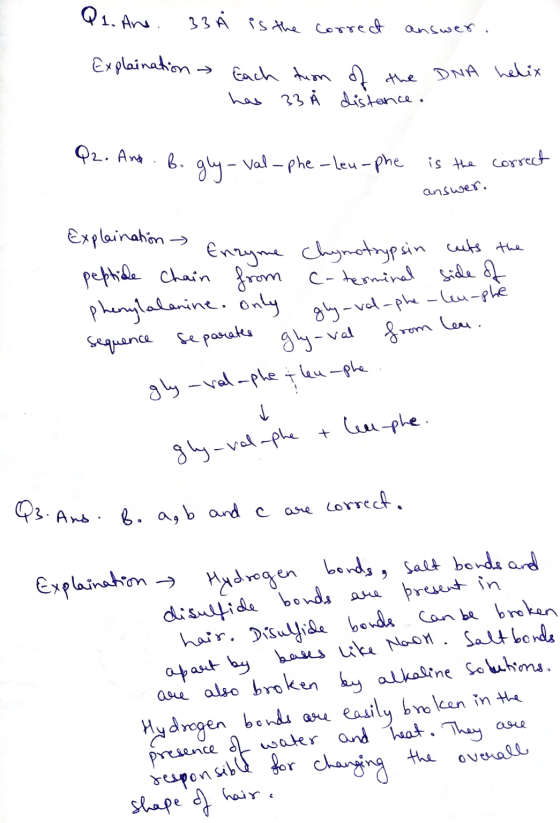 Q1. Ano. 33 À is the correct answer Explaination - Each tion of has 33 Ř distance. the DNA helix Q2. And B. b. gly-val-phe-le