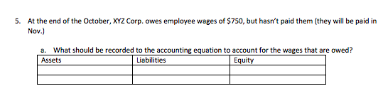 5. At the end of the October, XYZ Corp. owes employee wages of $750, but hasnt paid them (they will be paid in Nov.) a. What should be recorded to the accounting equaion to account for the wages that are owed? Assets Liabilities