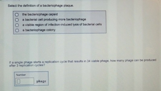 Select the definition of a bacteriophage plaque. O O O O the bacteriophage capsid a bacterial cell producing more bacteriophage a visible region of infection-induced lysis of bacterial cells a bacteriophage colony If a single phage starts a replication cycle that results in 34 viable phage, how many phage can be produ after 3 replication cycles? Number phage