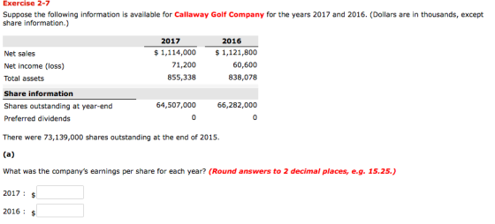Exercise 2-7 Suppose the following information is available for Callaway Golf Company for the years 2017 and 2016. (Dollars are in thousands, except share information.) 2017 2016 $1,114,000 71,200 855,338 $ 1,121,800 60,600 838,078 Net sales Net income (loss) Total assets Share information Shares outstanding at year-end Preferred dividends 64,507,000 66,282,000 There were 73,139,000 shares outstanding at the end of 2015 What was the companys earnings per share for each year? (Round answers to 2 decimal places, e.g. 15.25.) 2017: $ 2016: $