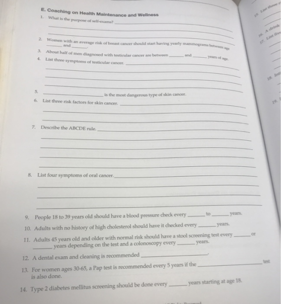 E. Coaching on Health Maintenance and Wellness 1. What is the purpose of self-exams? es List thneen 2. Women with an average