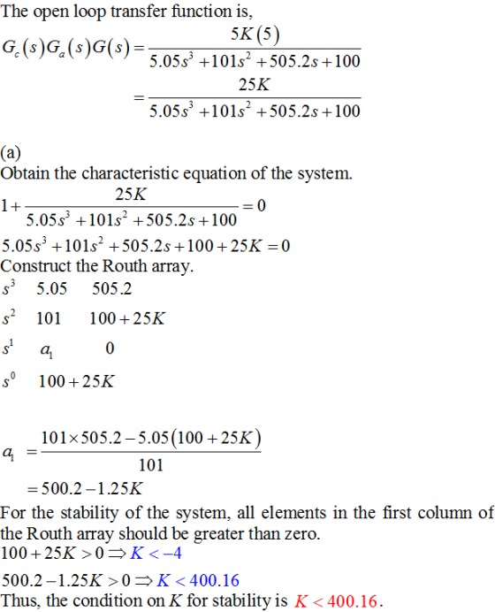 The open loop transfer function is, 5K (5) G. (s)G(s)G(s)=3 055 +101s2 +505.2s+100 25K 5.05s101s +505.2s +100 (a) Obtain the
