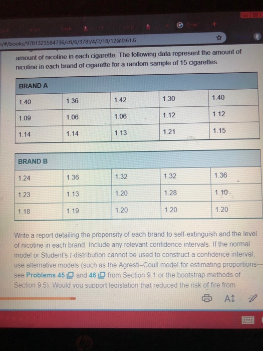 /#/books/9781323584736/cfi/6/3781/4/2/18/12@0:61.6 amount of nicotine in each cigarette. The following data represent the amount of nicotine in each brand of cigarette for a random sample of 15 cigarettes BRANDA 1.40 1.09 1.14 1.36 1.06 1.14 1.42 1.06 1.13 1.30 1.12 121 1.40 1.12 1.15 BRAND B 1.24 1.23 1.18 1.36 1.13 1.19 1.32 1.20 1.20 1.32 1.28 1.20 1.36 1.10 1.20 Write a report detailing the propensity of each brand to self-extinguish and the level of nicotine in each brand Include any relevant confidence intervals. If the normal model or Students t-distribution cannot be used to construct a confidence interval, use alternative models (such as the Agresti-Coull model for estimating proportions- see Problems 45 and 46 LD from Section 9 1 or the bootstrap methods of Section 9.5) Would vou support leaislation that reduced the risk of fire frorm