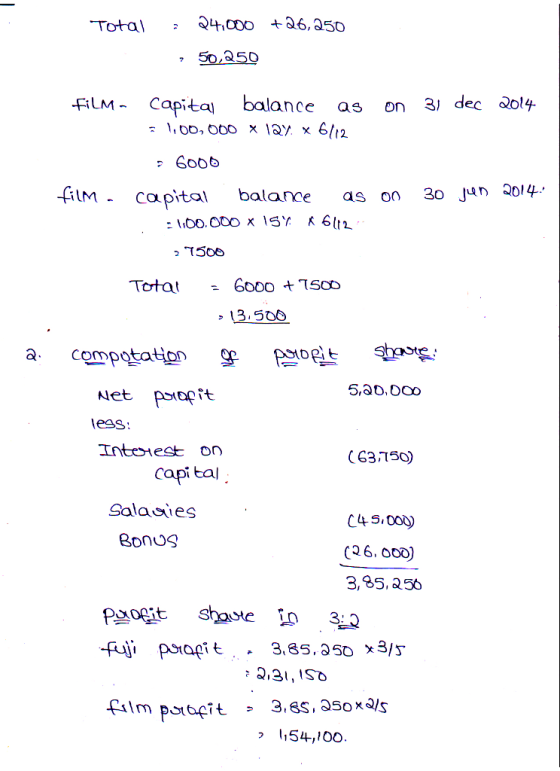 Total = 24,000 +26,250 , 50,250 a filma Capital balance as on 31 dec 2014 = 1,00,000 x 124 x 6/12 = 6000 film. capital balanc