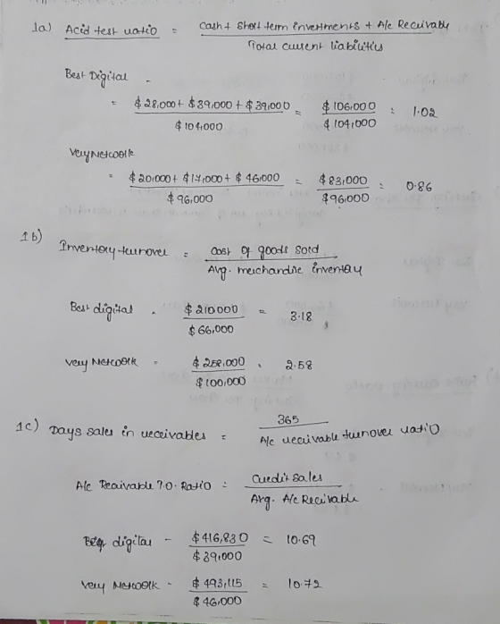 la) Acid test natio : cash & Short term Enveriments & Ale Receivable Total current liabilities $106.000 : 102 &104,000 Best D