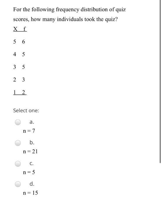 For the following frequency distribution of quiz scores, how many individuals took the quiz? X f 5 6 2 3 1 2 Select one: O a.