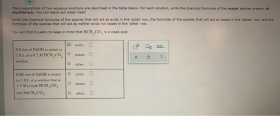 The preparations of two aqueous solutions are described in the table below. For each solution, write the chemical formulas of