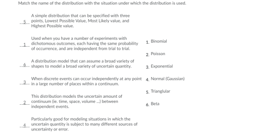 Match the name of the distribution with the situation under which the distribution is used. 5 A simple distribution that can