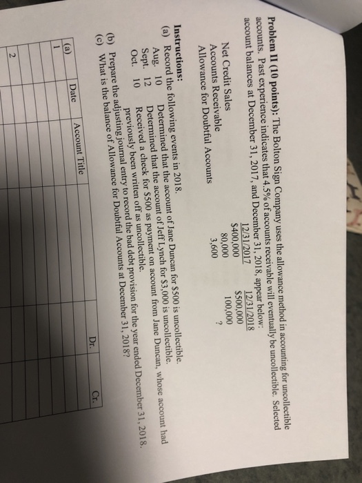 Problem II (10 points): The Bolton Sign Company uses the allowance method in accounting for uncollectible accounts. Past expe