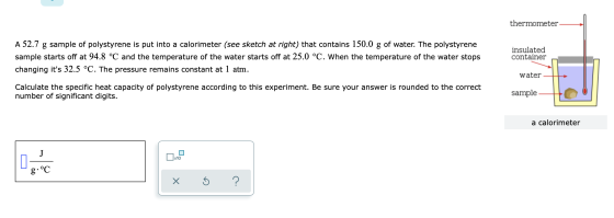 thermometer A 52.7 g sample of polystyrene is put into a calorimeter (see sketch at right) that contains 150.0 g of water. Th