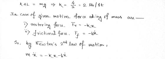KAL 4 / Fr=-ka mg k: = 2 lb/ft In case of given motion for ce acting of i) restoring force, ny frictional force. If -bai So,