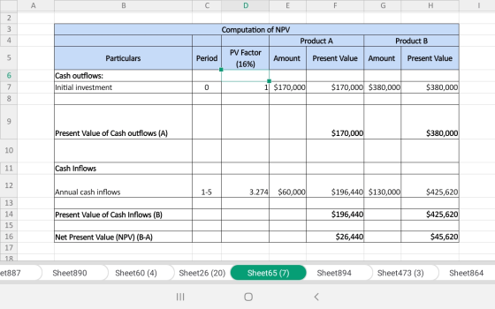 F G H Computation of NPV Product A Product B Particulars Period PV Factor (16%) Amount Present Value Amount Present Value Cas