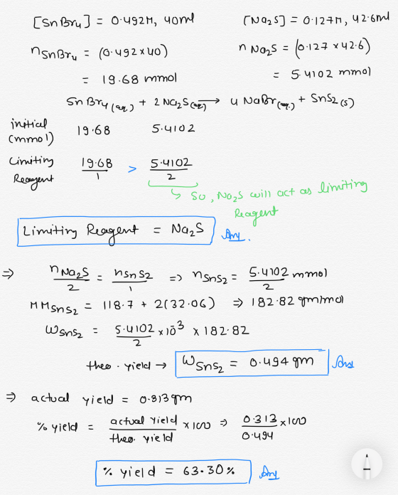 [sn Bru] = 0.492M, come nsnibru = 10.492x40) = 19.68 mmol In Bry (99) + 2NC2S (ez initial 19.68 5.4102 (mmol) (Na2S] = 0.1271
