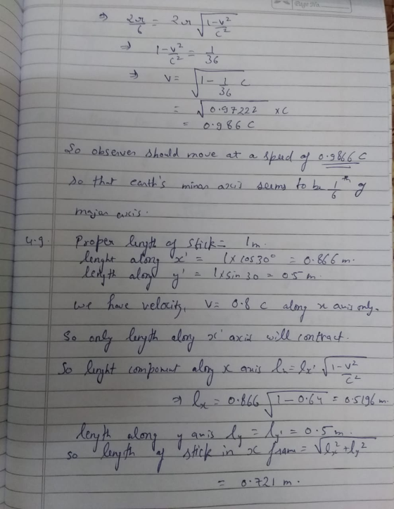 Page No ar 2 u 11-v² C2 36 36 10.97222 0.986 c XC So observer should move at a speed 0.9866c so that earths th minan arus se