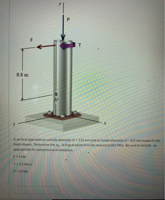 P F LT 0.8 m H Z X A vertical pipe with an outside diameter D = 114 mm and an inside diameter d = 102 mm supports the loads s
