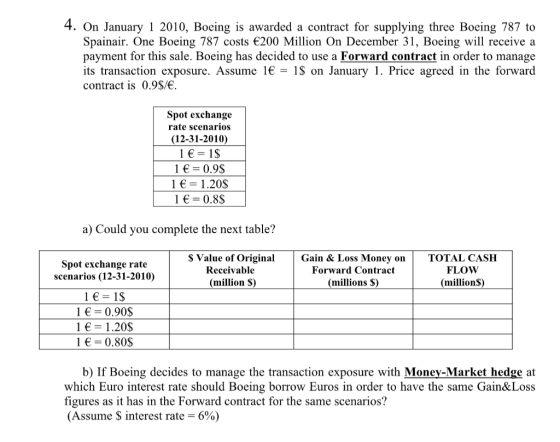 4. On January 1 2010, Boeing is awarded a contract for supplying three Boeing 787 to Spainair. One Boeing 787 costs €200 Mill
