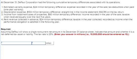 At December 31, DePaul Corporation had the following cumulative temporary differences associated with its operations: 1. Esti