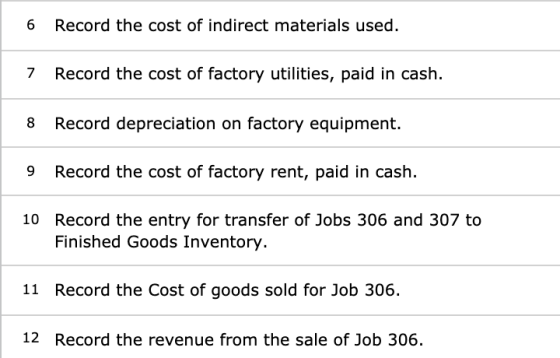Record the cost of indirect materials used. Record the cost of factory utilities, paid in cash. Record depreciation on factor