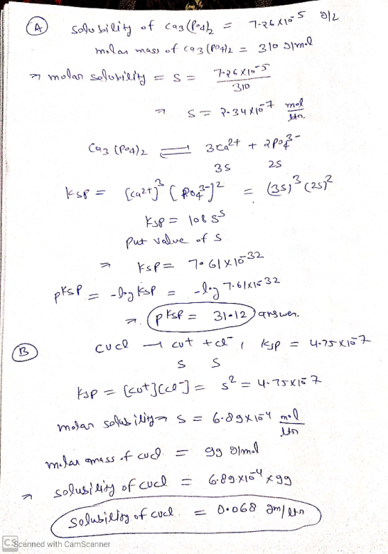 (A solubility of caz (peal = 7:26X100 molar mass of caz (P?4/2 = 310 gmal a molar solubility = 5= 726 X10S 310 1 S= P-34X167