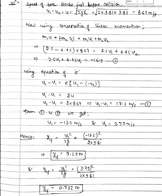 DATE: Sale Speed of both block just before collision 4,-42=45 129 = /2x9.81x 3.83 = 8.67 mts. Now using conservation of linea