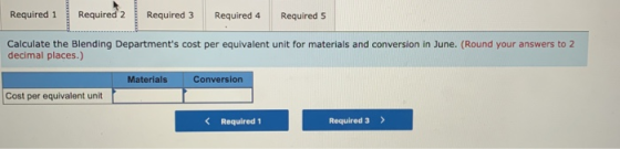 Required 1 Required 2 Required 4 Required 5 Calculate the Blending Departments cost per equivalent unit for materials and co
