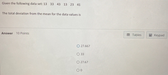Given the following data set: 13 33 43 13 23 41 The total deviation from the mean for the data values is Answer 10 Points Tab