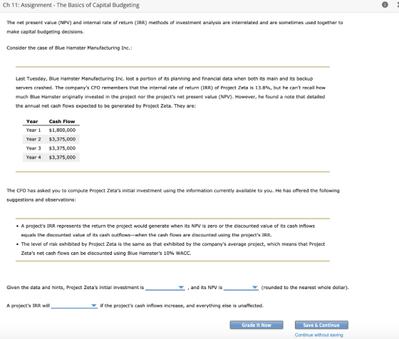 Ch 11: Assignment - The Basics of Capital Budgeting The net present value (NPV) and internal rate of return (IRR) methods of