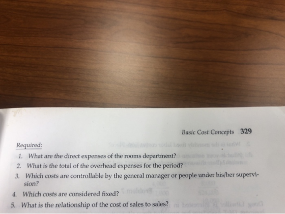 Basic Cost Concepts 329 Required: 1. What are the direct expenses of the rooms department? 2. What is the total of the overhe
