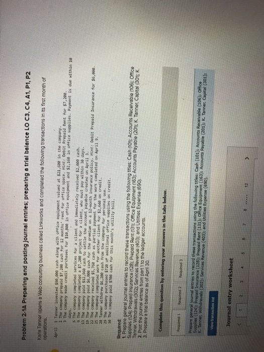 Problem 2-1A Preparing and posting Journal entries; preparing a trial balance LO C3, C4, A1, P1, P2 operations. Karla Tanner