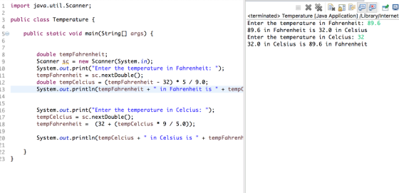 1 import java.util.Scanner <terminated> Temperature [Java Application] /LibrarylInternet Enter the temperature in Fahrenheit: