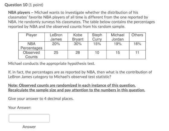 Question 10 (1 point) NBA players - Michael wants to investigate whether the distribution of his classmates favorite NBA pla