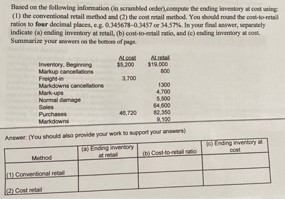 Based on the following information in scrambled order),compute the ending inventory at cost using: (1) the conventional retai