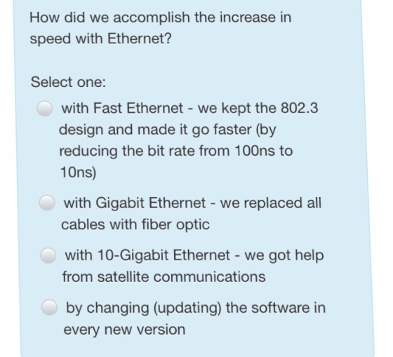 Image for How did we accomplish the increase in speed with Ethernet? Select one: with Fast Ethernet - we kept the 802.3