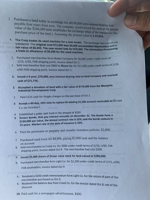 1 Purchases a land today in exchange for a$100,000 zero-interest-bearing note payable four years from now. The company would