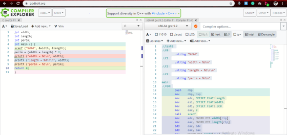 f → C .godbolt.org G COMPILER EXPLORER Add... More Support diversity in C++ with #include <C++> * Share Other Policies C sour
