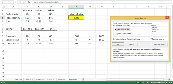 | Х ﹀ .fi SUMPRODUCT(ВЗ:D3,SBS6:SDS6) 2 Carb calories 3 Total calories 160 4 Cost Almonds Raisins M&M 80 80 0.25 80 140 0.8 M