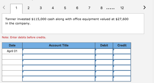 1 23 5 6 78 ....12 Tanner invested $115,000 cash along with office equipment valued at $27,600 in the company Note: Enter debits before credits. Date Account Title Debit Credit April 01