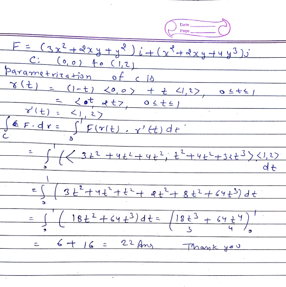 Dale Pago F = (3x²+2xy + y) it Getaxy tu y 3 lj _ C: (0,02 to (1,2) parametrization of cis. rit = (1-to 4o,ou + z 4,2%, ostal