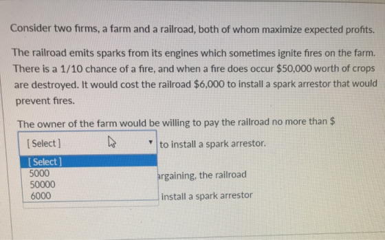 Consider two firms, a farm and a railroad, both of whom maximize expected profits. The railroad emits sparks from its engines