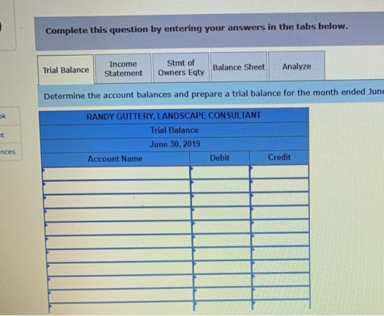 Complete this question by entering your answers in the tabs below. Trial Balance Income Statement Stmt of Owners Eqty Balance