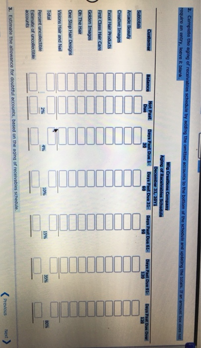 2. Complete the aging of receivables schedule by adding the omitted accounts to the bottom of the schedule and updating the t