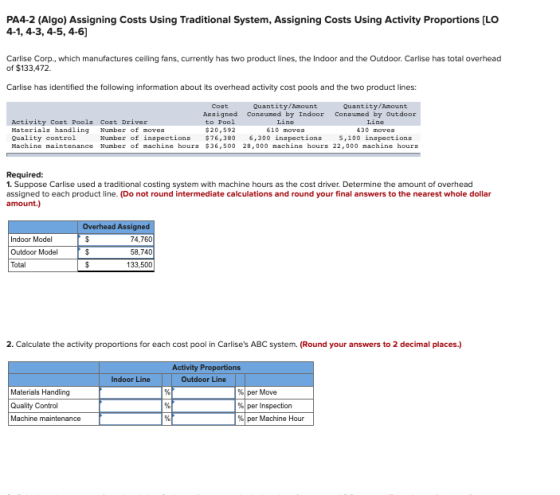 PA4-2 (Algo) Assigning Costs Using Traditional System, Assigning Costs Using Activity Proportions (LO 4-1, 4-3, 4-5, 4-6) Car